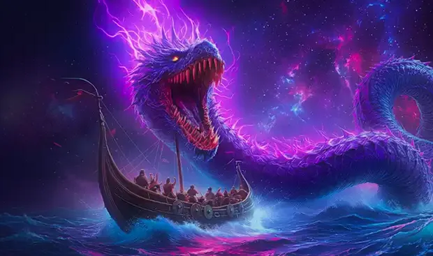Axe Casino bonuses artwork with a Viking longship and a sea serpent