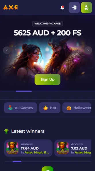 Axe Casino mobile lobby on a phone with the welcome package banner